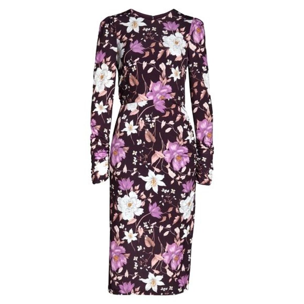 NWT Eliza J Floral Long Sleeve Shirred Midi Dress Aubergine Blooms Plus Size 20W - Picture 15 of 16